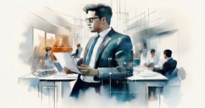 オフィスで資料を確認するビジネスパーソンと会議中の同僚たちを描いたビジネスシーンのイラスト