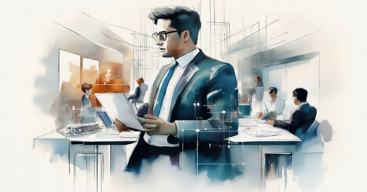 オフィスで資料を確認するビジネスパーソンと会議中の同僚たちを描いたビジネスシーンのイラスト