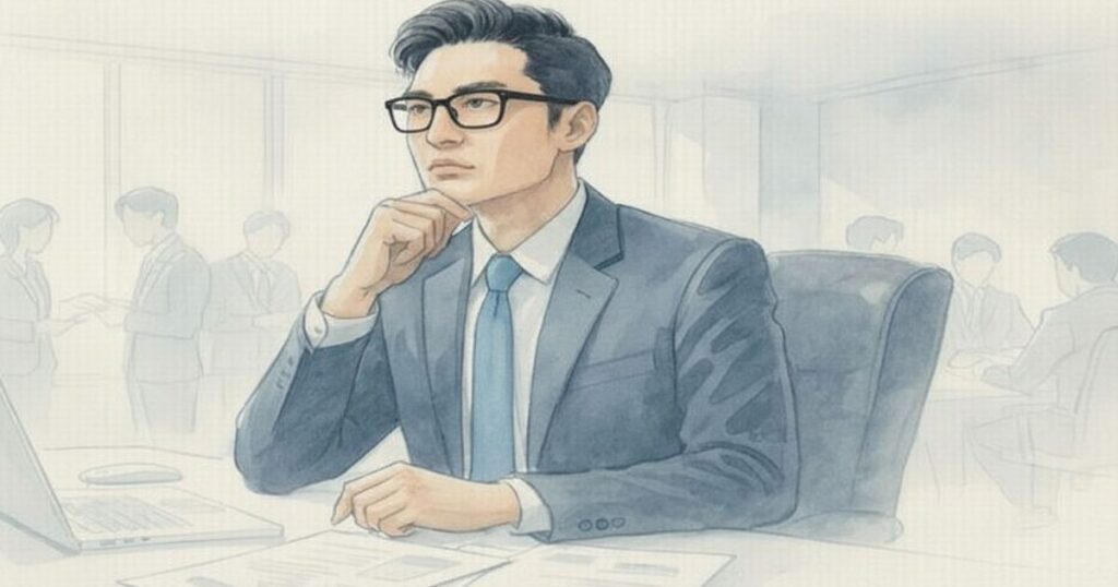 オフィスで思索するスーツ姿の男性ビジネスマンの水彩風イラスト