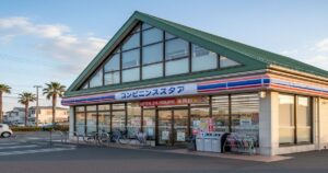 コンビニの店舗外観。ガラス張りの正面と看板が見える共通利用できるイメージ写真