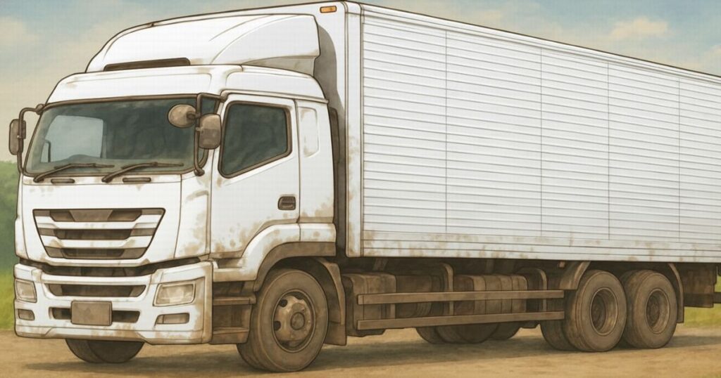 埃をかぶった大型トラックがアニメ風に描かれたイラスト