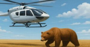 ヘリコプターの近くを歩くクマのイメージ写真