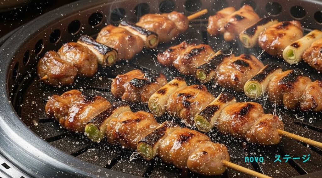 ジュージューと焼けるネギまの焼き鳥がグリルの上で香ばしく焼き上がっている様子。肉の照りと焦げ目が食欲をそそる。