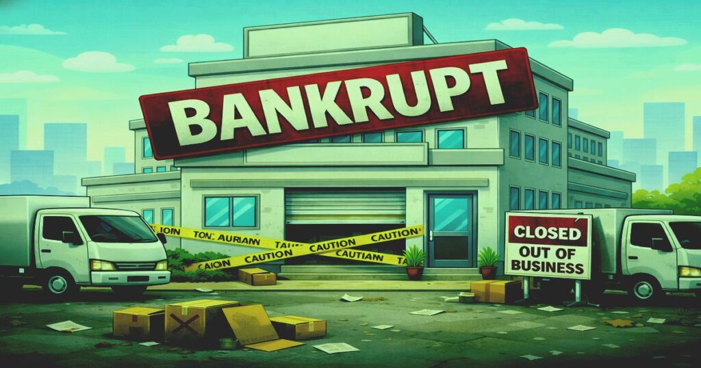 倒産により閉鎖された企業の建物と警告テープのイメージ