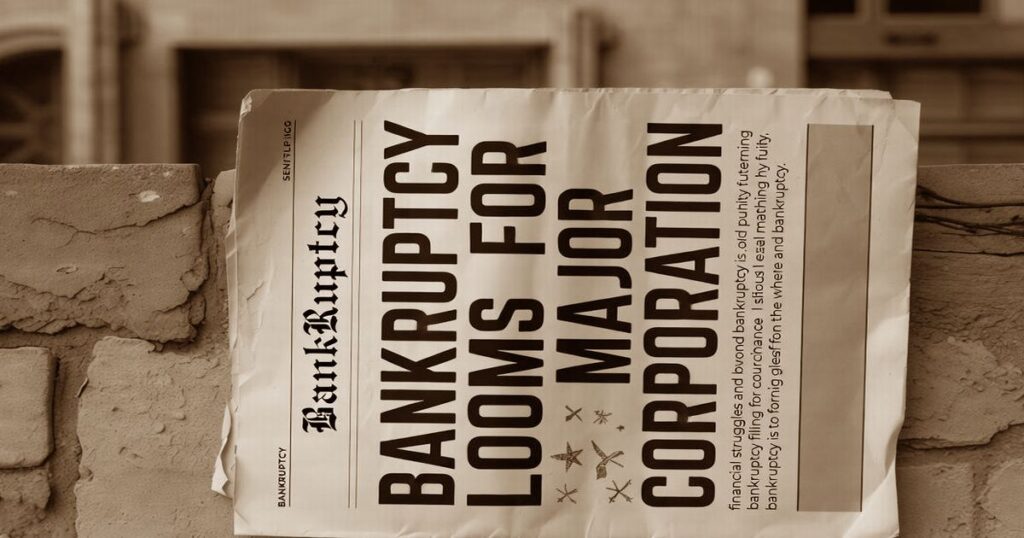 倒産報道を伝える新聞が壁にピン止めされているイメージ