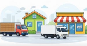 倒産により閉店した店舗と配送トラックのイメージイラスト