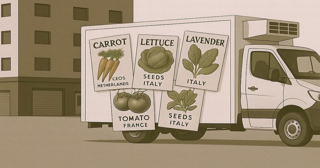 ヨーロッパ産の野菜種子ラベルが貼られた配達トラックのイラスト。ラベンダー、レタス、ニンジン、トマトのパッケージが正しい向きで表示されている。