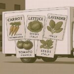 蕎麦処文ざが破産へ!老舗そば店に何が起きた? ヨーロッパ産の野菜種子ラベルが貼られた配達トラックのイラスト。ラベンダー、レタス、ニンジン、トマトのパッケージが正しい向きで表示されている。