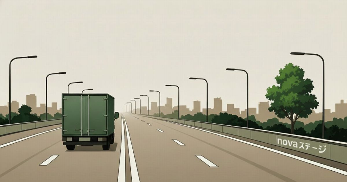 高速道路を走る緑色トラックと都市のシルエット(novaステージ)
