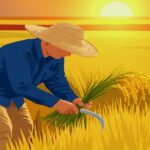 定年後のローン返済が困難な理由│年金生活で月10万円返済の現実と対策 夕日を背に稲穂を手刈りする農家の男性のイラスト。黄金色の田んぼが広がる秋の収穫風景。