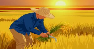 夕日を背に稲穂を手刈りする農家の男性のイラスト。黄金色の田んぼが広がる秋の収穫風景。