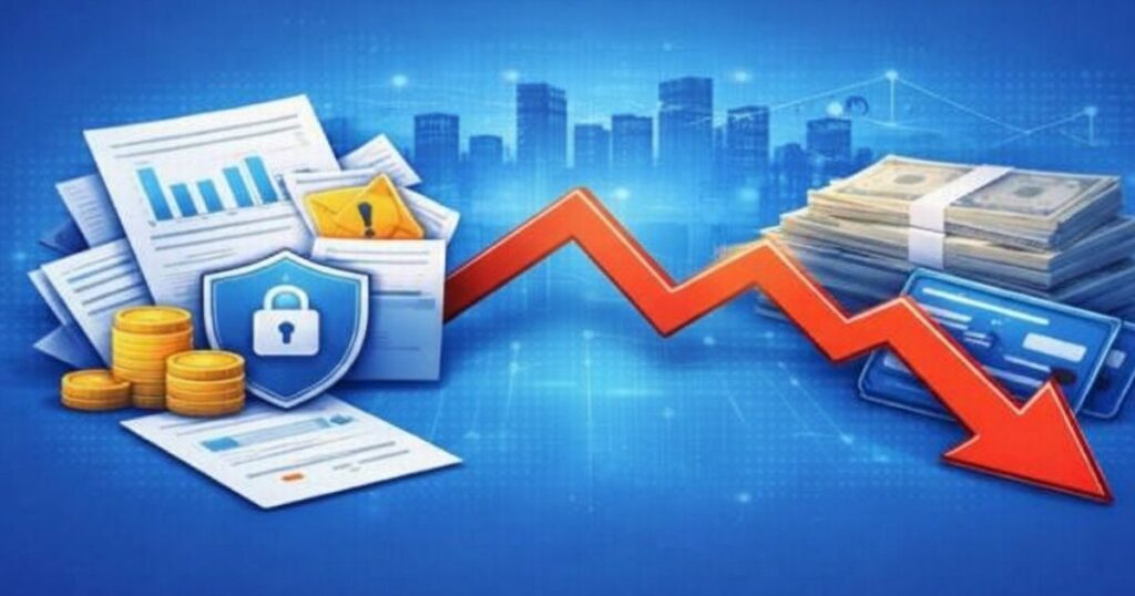 詐欺被害や経営悪化によって資金が減少し倒産リスクが高まる企業イメージ