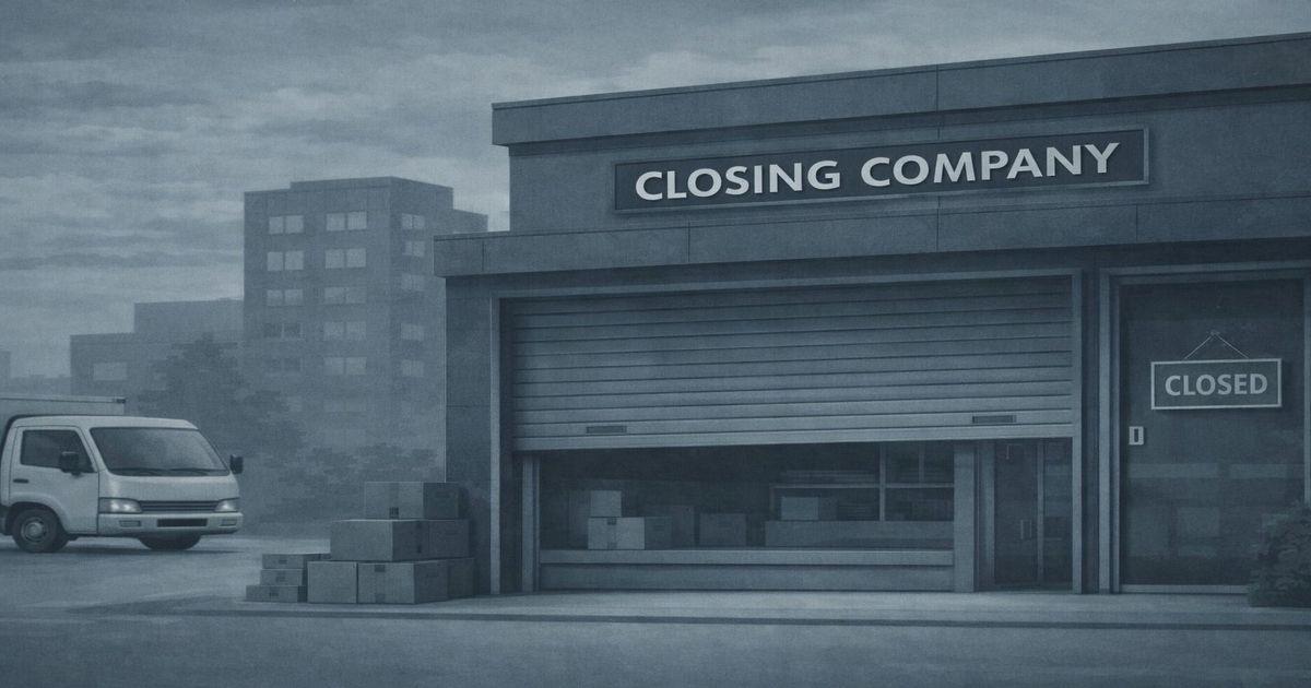 大型倒産企業の本社ビルと閉鎖されたオフィスのイメージ