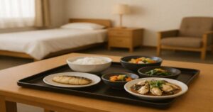 旅館の客室で提供されるカキ料理を含む和食と食中毒リスクのイメージ