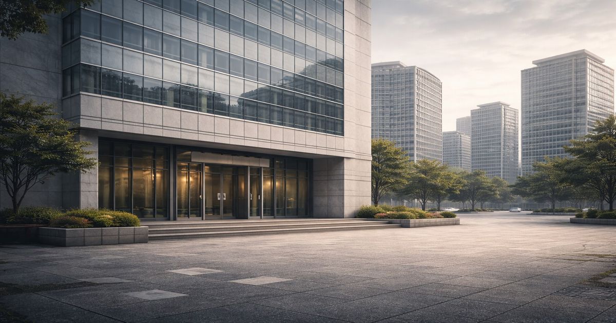 静かなオフィス街に建つ企業ビルの外観。経済ニュースや企業動向を象徴するイメージ