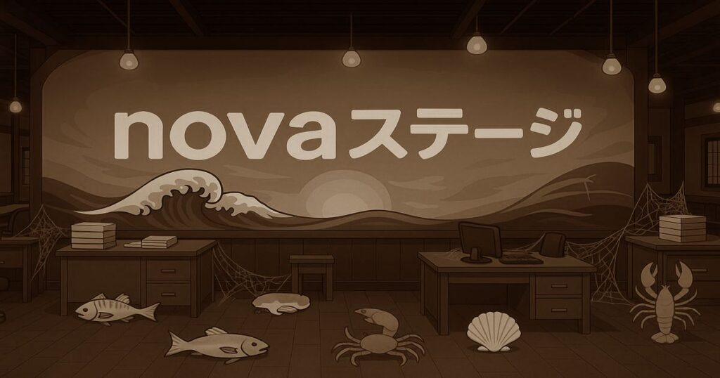 「novaステージ」のロゴが描かれた壁面と、魚やカニなどの海産物が散らばった室内イラスト