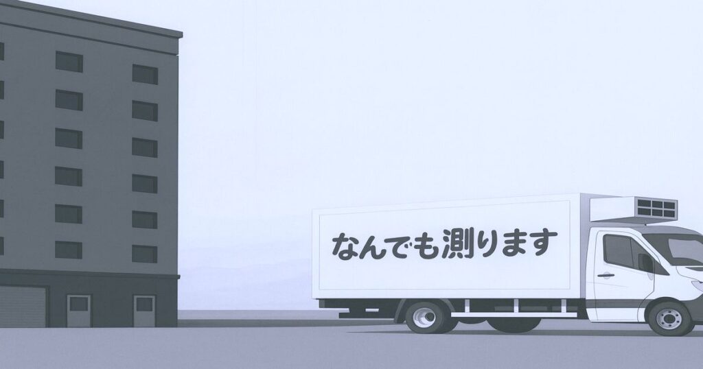 なんでも測りますと書かれたトラックが建物前に停まっているイラスト