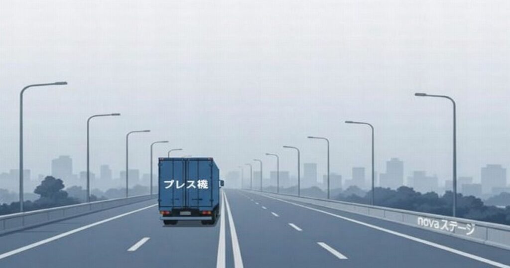 静かな高架道路の左側を走るトラックと荷台に「プレス機」と書かれたイラスト