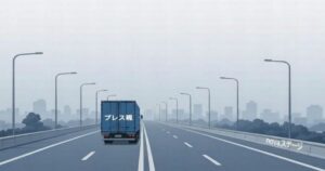 静かな高架道路の左側を走るトラックと荷台に「プレス機」と書かれたイラスト