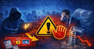 詐欺被害によって会社が経営悪化し倒産に至る流れを示した注意喚起イラスト