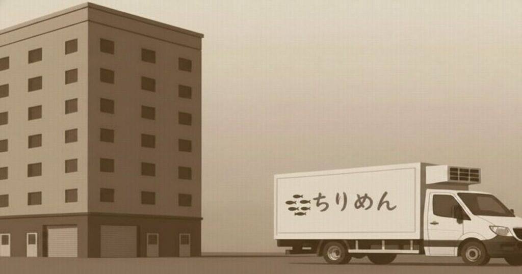 ちりめんと書かれた配送トラックと建物のイラスト