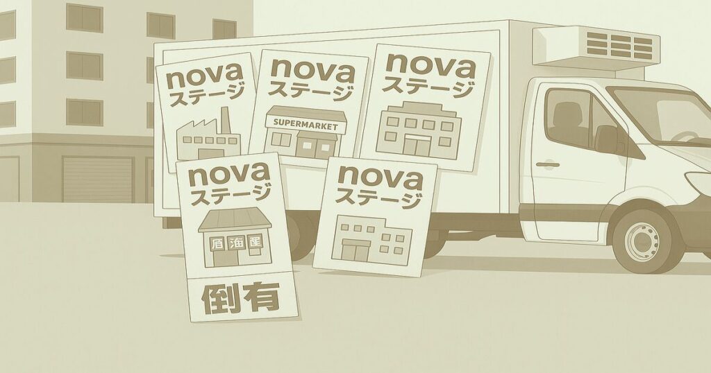倒産した企業イメージとして、工場やスーパー、店舗の看板に「novaステージ」と記された共通デザインの倒産画像。倒産・破産ニュース記事向けの汎用イラスト。