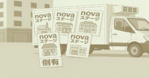 倒産した企業イメージとして、工場やスーパー、店舗の看板に「novaステージ」と記された共通デザインの倒産画像。倒産・破産ニュース記事向けの汎用イラスト。