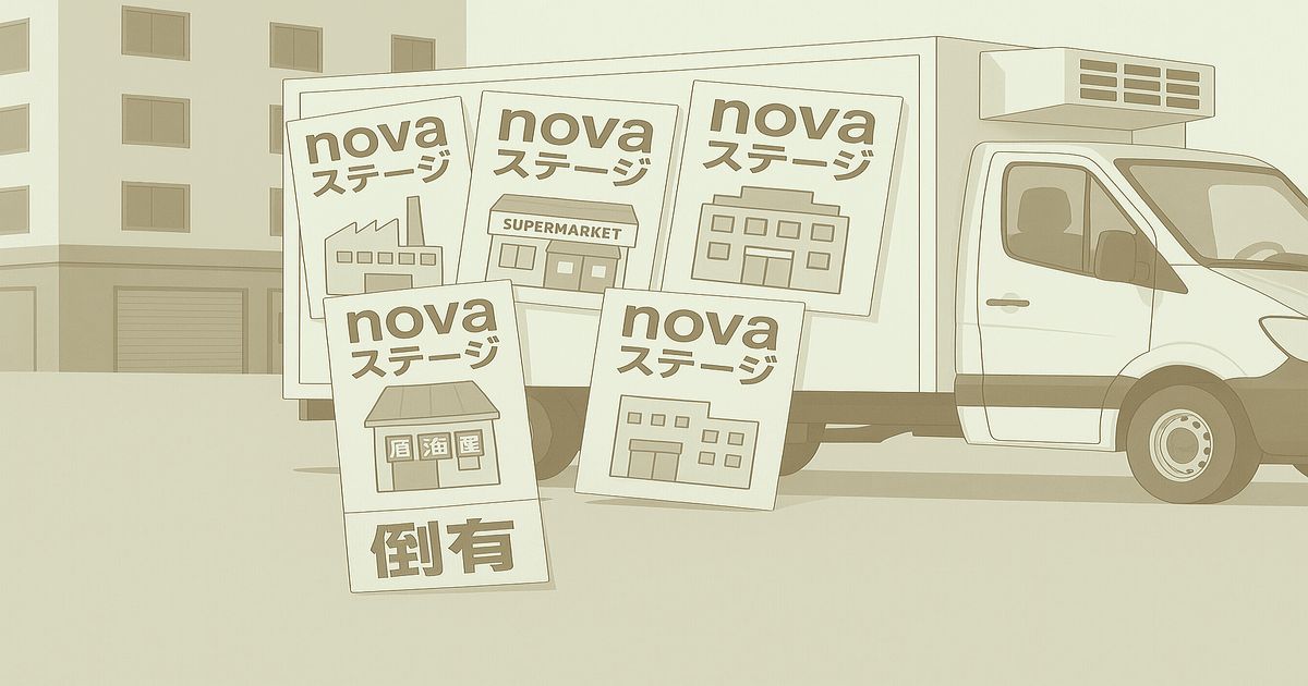 倒産した企業イメージとして、工場やスーパー、店舗の看板に「novaステージ」と記された共通デザインの倒産画像。倒産・破産ニュース記事向けの汎用イラスト。