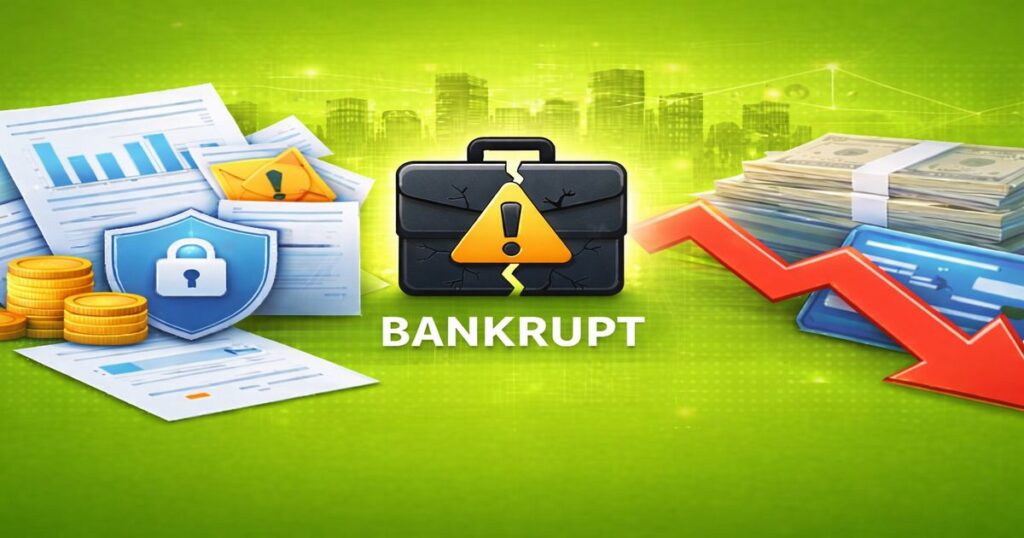 資金悪化により倒産を示す企業イメージと下落グラフ