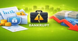 資金悪化により倒産を示す企業イメージと下落グラフ