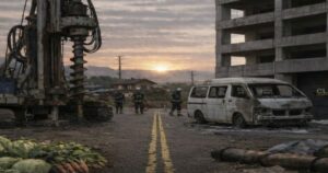 走行中に発生した車両火災と古いアスファルト道路の現場風景