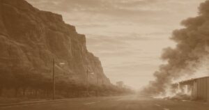 岩山が迫る乾燥地帯の道路で、右側から黒い煙が立ち上る環境災害のイメージ