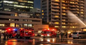 夜間の都市部マンション火災で消防車が出動し放水する様子