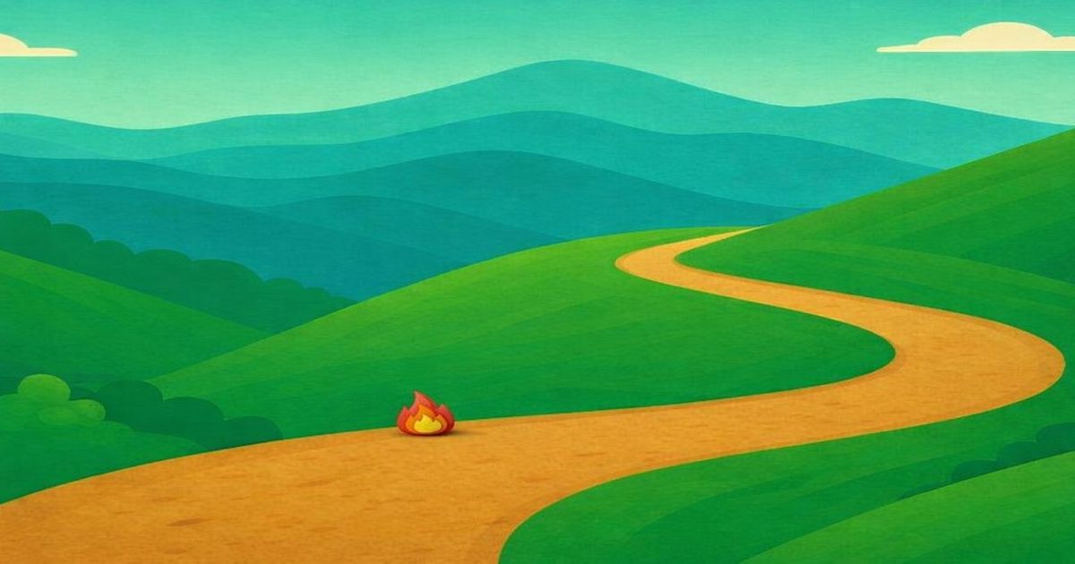 丘陵地を走る曲がりくねった道の途中に小さな炎が描かれたイラスト