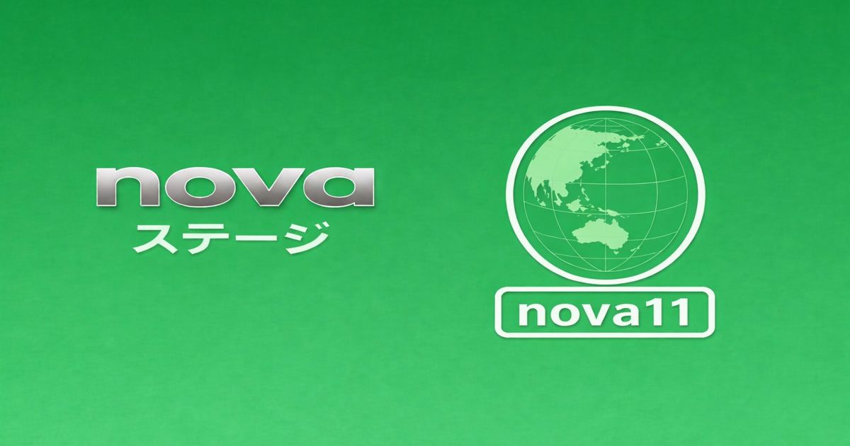 novaステージとnova11のグローバルロゴを表したグリーン背景のビジュアル