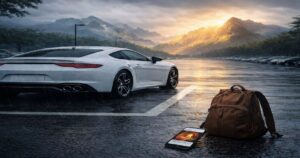 山を望む雨の駐車場に停まる白い車と、手前に置かれたリュックと火事ニュースが表示されたスマホ