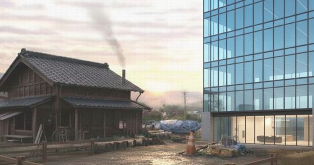 伝統的な木造住宅と近代的なガラス張りビルが並ぶ対照的な風景