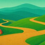 山道の途中に危険を示す炎アイコンが描かれたリスク警告イラスト