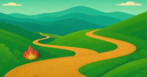 山道の途中に危険を示す炎アイコンが描かれたリスク警告イラスト