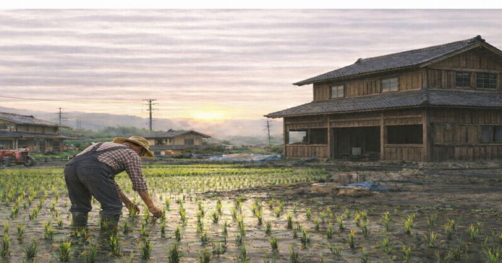早朝の田んぼで稲に手を伸ばす農家の後ろ姿と木造の農家住宅