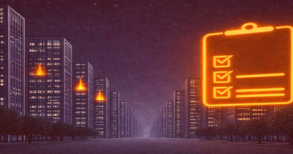 夜の高層住宅街で発生する火災リスクとチェックリストをイメージしたイラスト