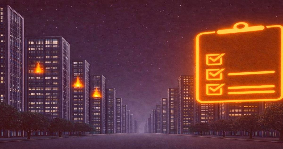 夜の高層住宅街で発生する火災リスクとチェックリストをイメージしたイラスト
