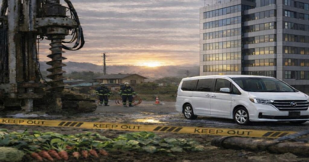 工事現場で規制線が張られ、白いミニバンが停止している様子