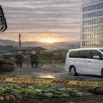 工事現場で規制線が張られ、白いミニバンが停止している様子