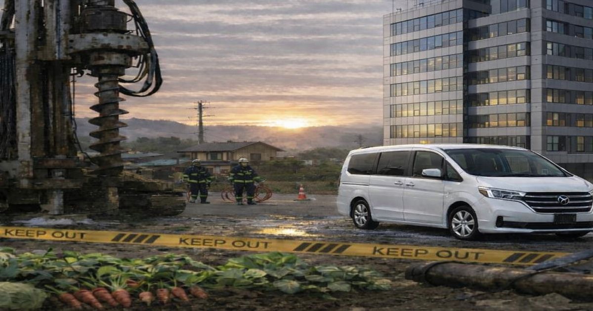 工事現場で規制線が張られ、白いミニバンが停止している様子