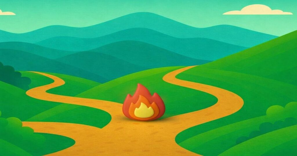 分かれ道の中央で火が燃えるリスクを象徴したイラスト