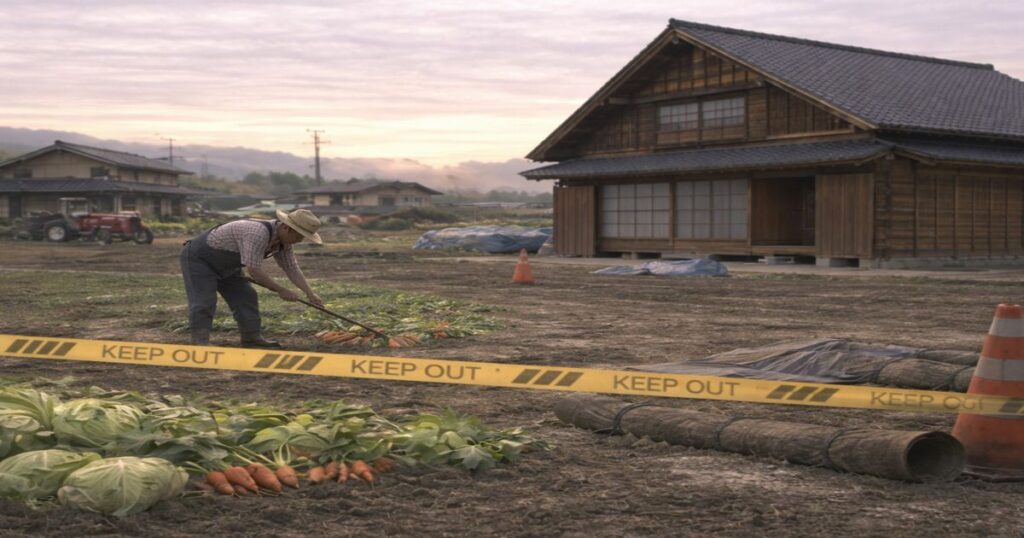 立ち入り禁止テープが張られた農地で作物を収穫する農家の様子
