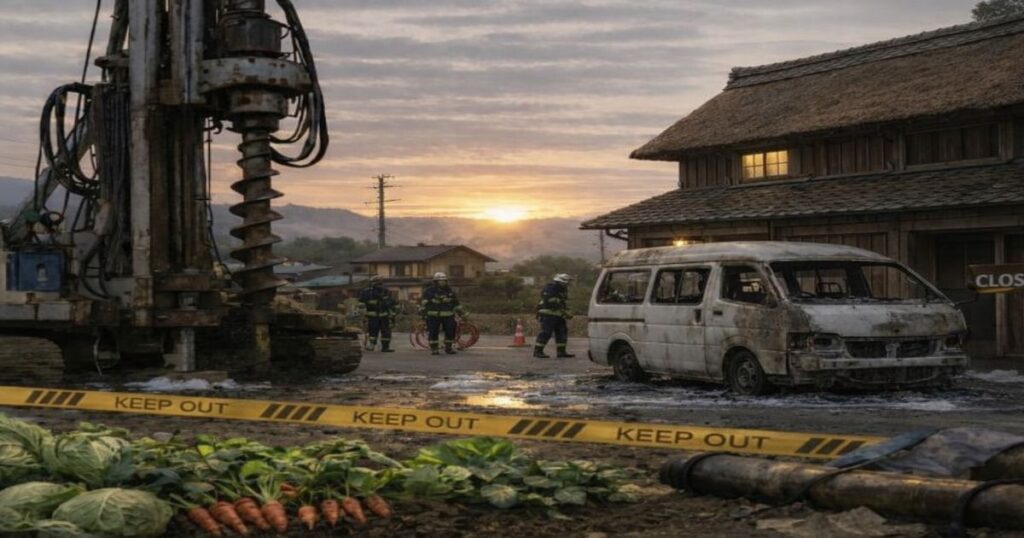 重機と農家の前に焼損したバン