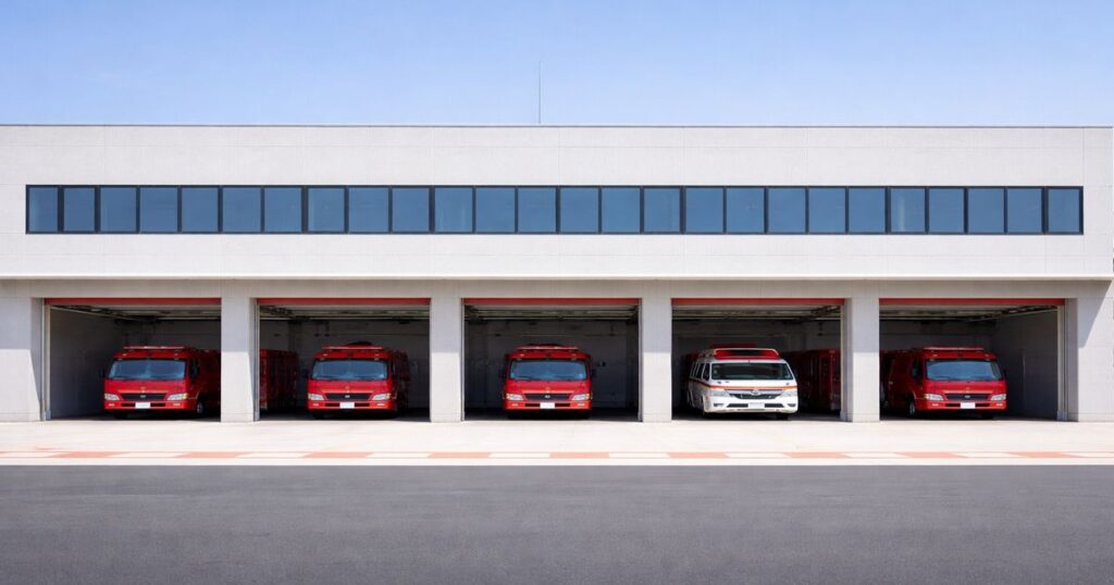 日本の消防署と消防車 火災発生を伝えるイメージ