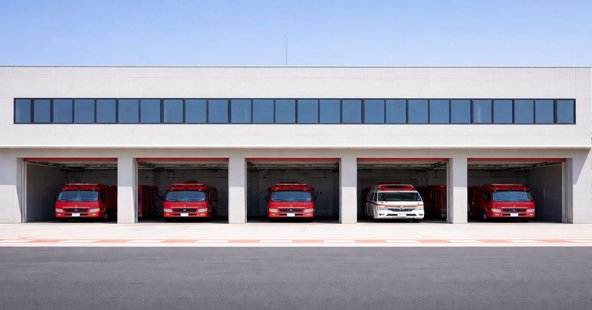 日本の消防署と消防車 火災発生を伝えるイメージ